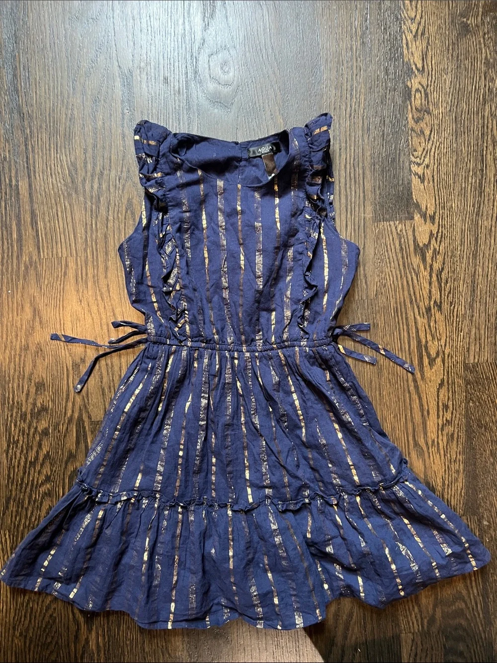 Aqua Girls Navy Blue and Gold Metallic Stripe Dress | M